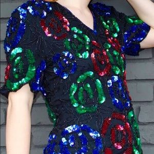 1980s Floral Sequin V-Neck